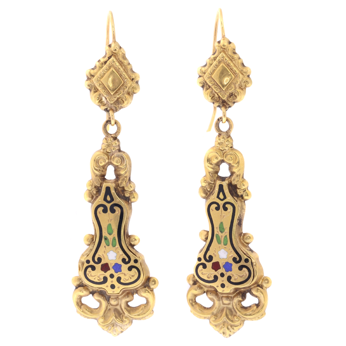 Antique floral enamel dangle earrings yellow gold, Victorian era